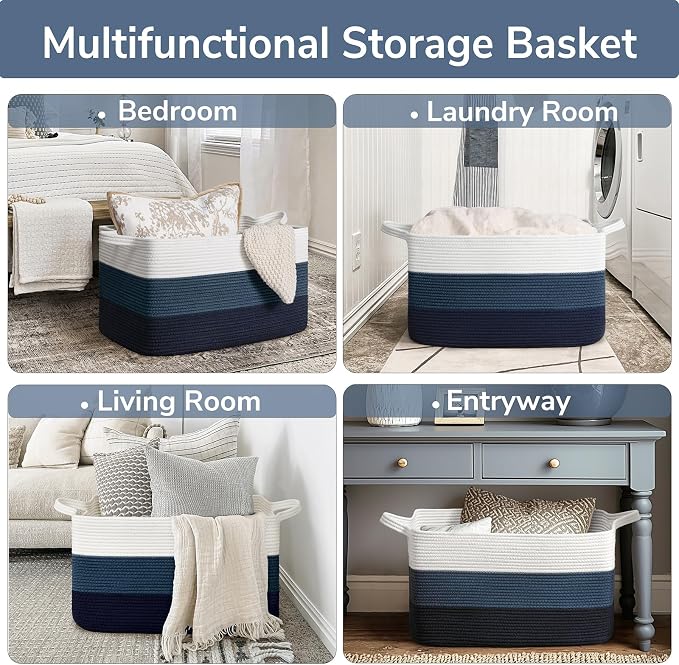 Goodpick Large Woven Rope Blanket Basket, Light Blue | 21.6'' x 14.9'' x 11.8'' - Image 4