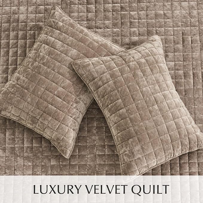 RECYCO Channel Box Stitch Velvet Quilt Set, Full Queen Size, Natural Tan | - Image 4