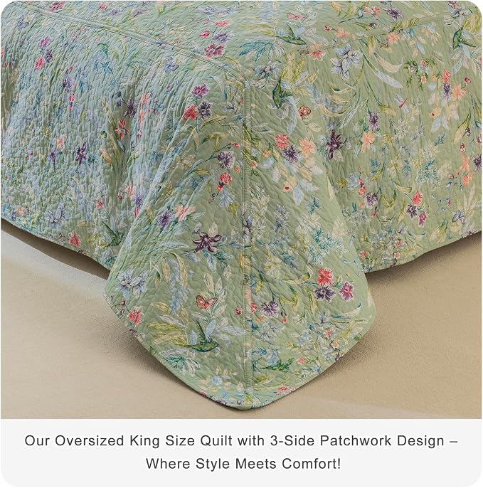 QSH 100% Cotton Quilt Oversized King Set-3Pcs Green Floral Quilt California - Image 3