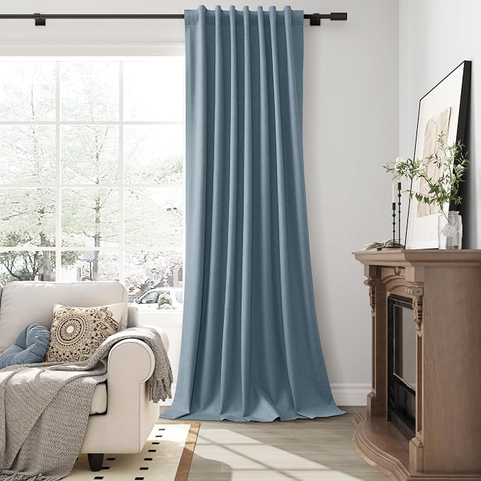 Blue Linen 100% Blackout Curtains 108 Inches Long 2 Panels Set Country - Image 6