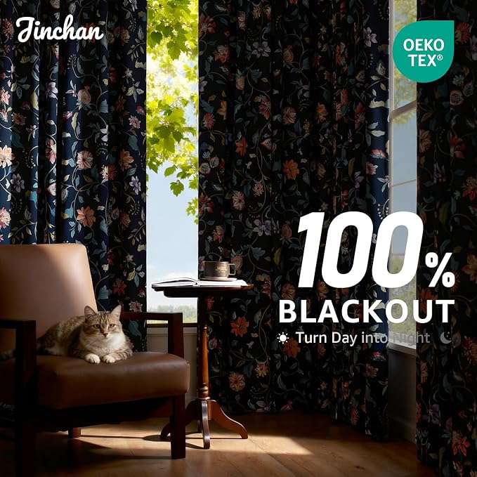 jinchan Dark Blue Floral Blackout Curtains 96 Inch Back Tab 2 Panels | Room - Image 3