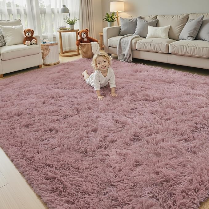 Area Rugs 9x12 Living Room, Blush Large Shaggy Carpet Soft Plush Furry Rug | - Image 4