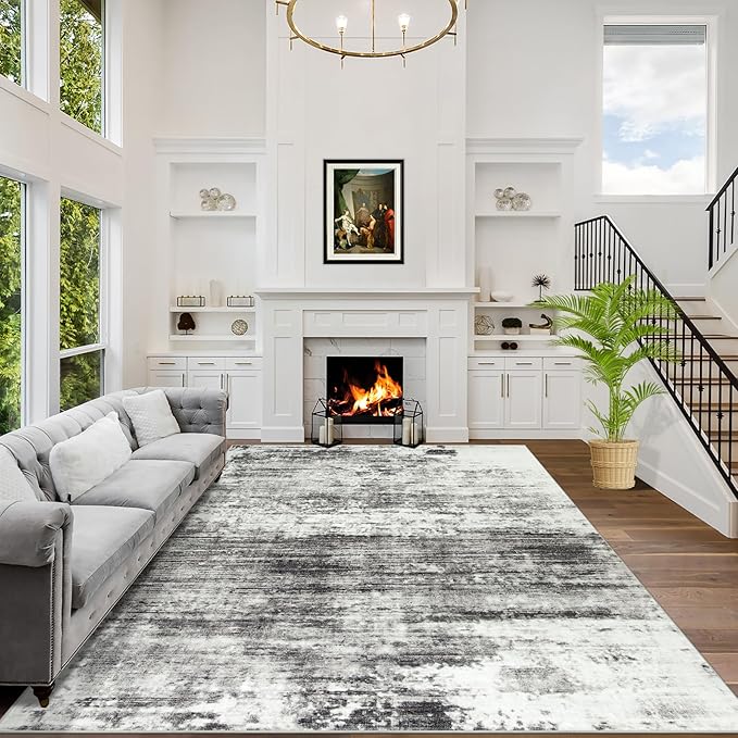 6x9 Area Rugs for Living Room: Washable Abstract Black Grey Badroom Carpet | by GENTDRIZZ