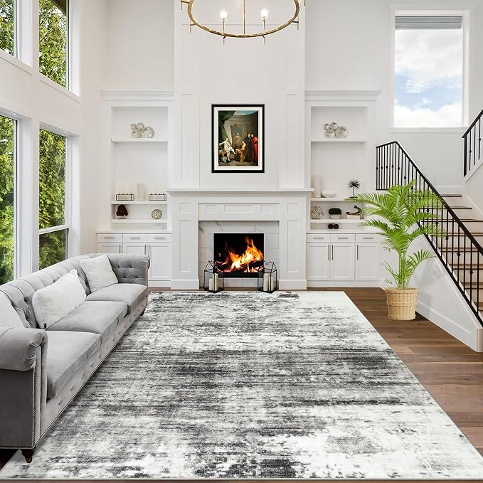 9x12 Area Rugs for Living Room: Washable Abstract Black Grey Badroom Carpet | by GENTDRIZZ