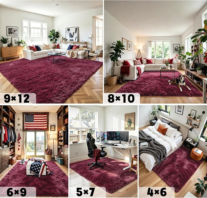4x6 Area Rugs for Bedroom, Burgundy Soft Fluffy Shag Bedside Rugs | Non-Slip - Image 6