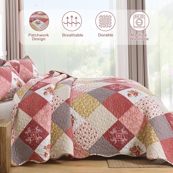 Dinjoy Boho Quilt Set Queen Size, Patchwork Floral Bedspreads, Romantic Red | - Image 7