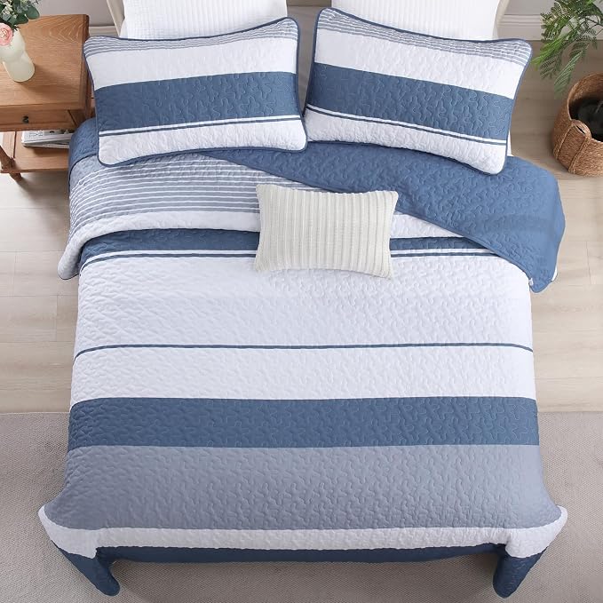 Dinjoy Queen Boho Striped Quilt Set, Mineral Blue Lightweight Bedspread | Soft - Image 4