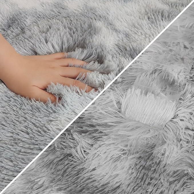 Super Soft Fluffy Living Room Area Rug 2x8 ft Tie-Dyed Light Grey Shaggy Furry - Image 6