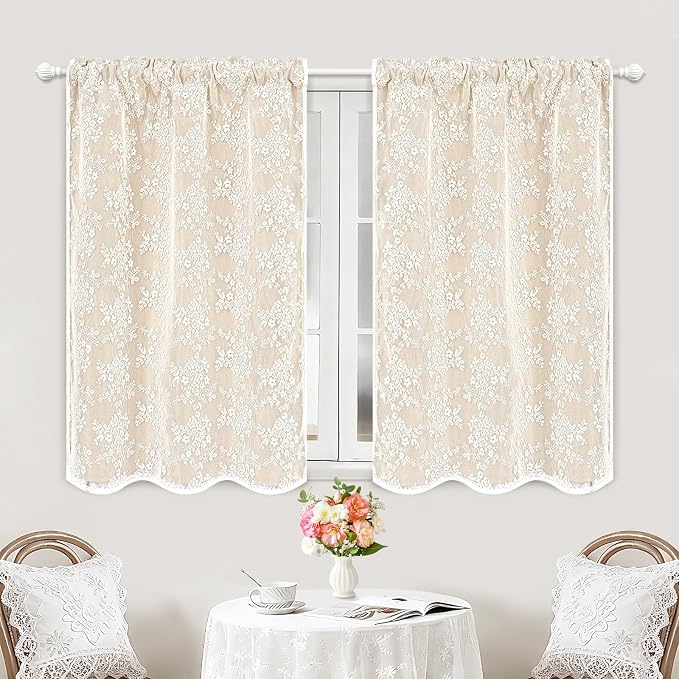 Yinhua Beige Kitchen Curtains 36 Inch Length Double Layer Blackout Cafe Curtains - Image 2