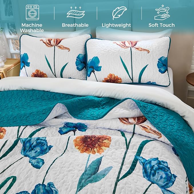 WONGS BEDDING Floral Quilt Set King, Shabby Chic Teal Floral Botanical Pattern - Image 4