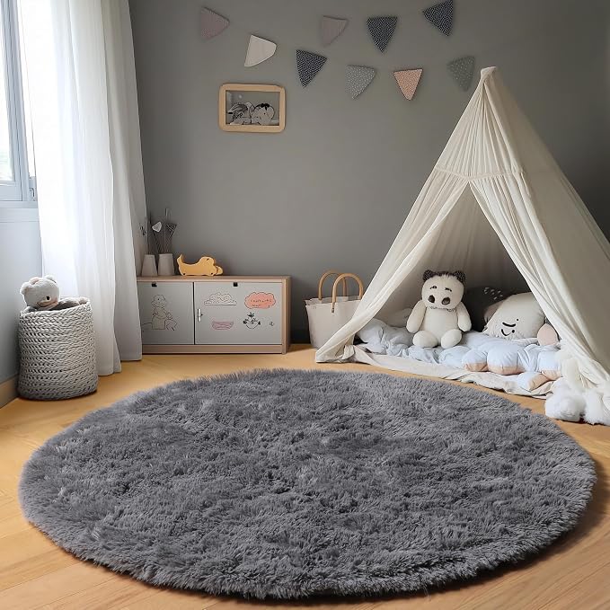 Grey Round Rugs 8ft for Living Room, Fluffy Bedroom Circle Area Rug, Soft Plush - Image 5