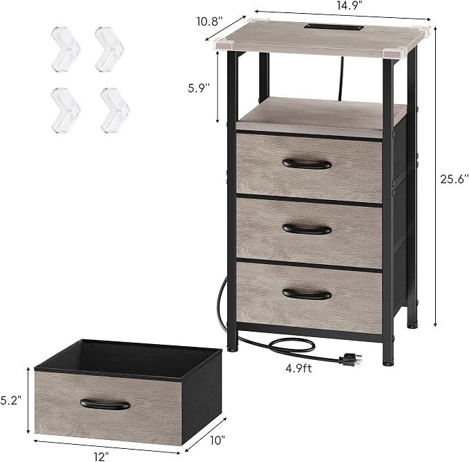Nightstand Set of 2 with Charging Station, Bedside Table with USB Ports and - Image 3
