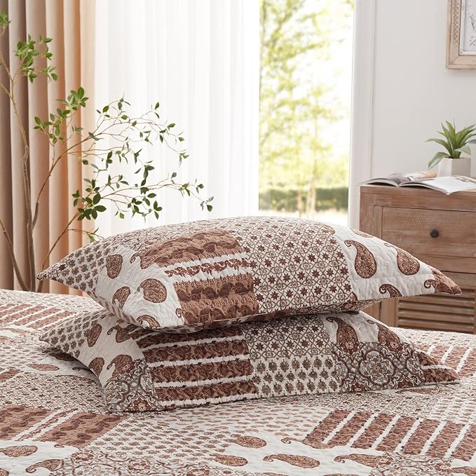 Quilt Set - Full/Queen Size Brown Paisley Patchwork 3 Piece Bedding Set - Image 7