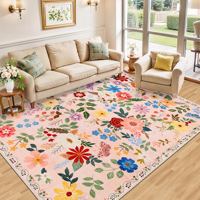 PLHXFR Area Rug Living Room: 4x6 Floral Washable Boho Soft Carpet Beige | - Image 2