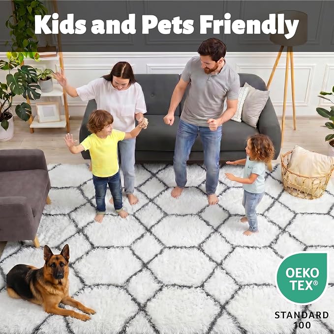 Area Rugs for Living Room, 7x10 Fluffy White and Grey Rug for Bedroom, - Image 4
