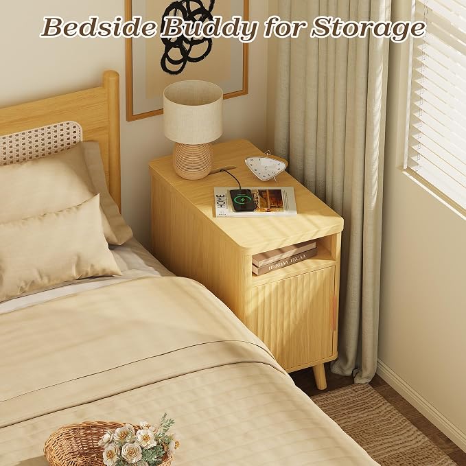 Huuger Narrow End Table with Charging Station, USB-C Port | Fluted Nightstand - Image 6