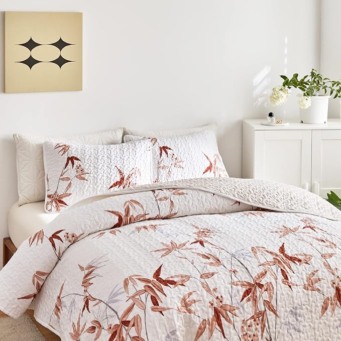Botanical Quilt Set 2 Pieces Twin Size, Burnt Orange Leaves Printed on White - Image 5