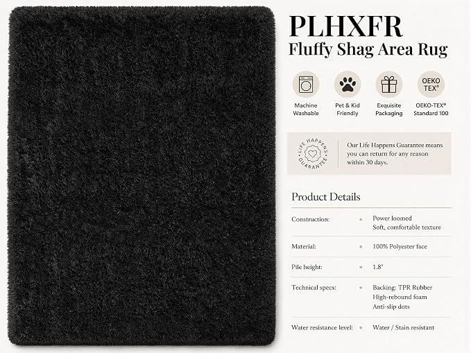 PLHXFR 5x7 Area Rugs Living Room: Fluffy Bedroom Rug Shag Carpet Black | - Image 4