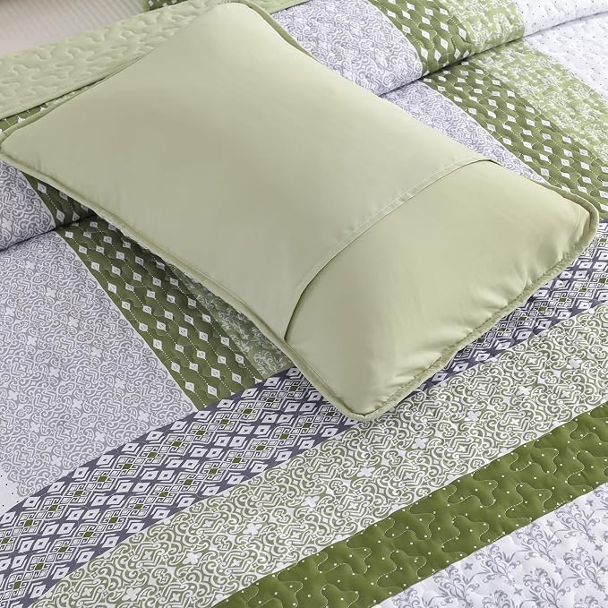 WONGS BEDDING Olive Green Quilt King Size, Bohemian Stripe Bedspread | - Image 6