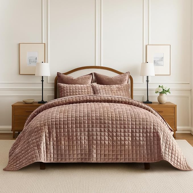 RECYCO Channel Box Stitch Velvet Quilt Set, King Size, Terracotta Clay | Ultra by RECYCOHOMECOLLECTION