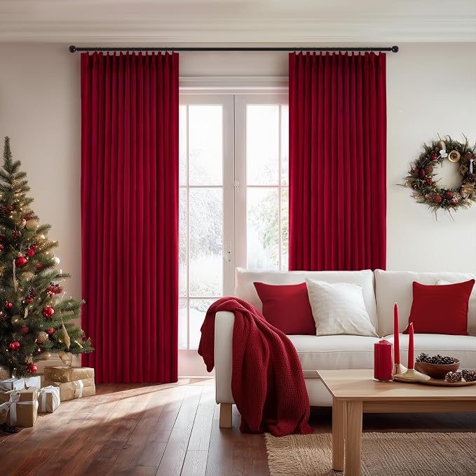 108 Inches Long Red Velvet Curtains, Extra Long Pinch Pleated Blackout Thermal - Image 5