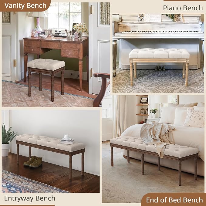 LUE BONA 60" Fabric End of Bed Bench, Upholstered Tufted French Bedroom Bench - Image 8