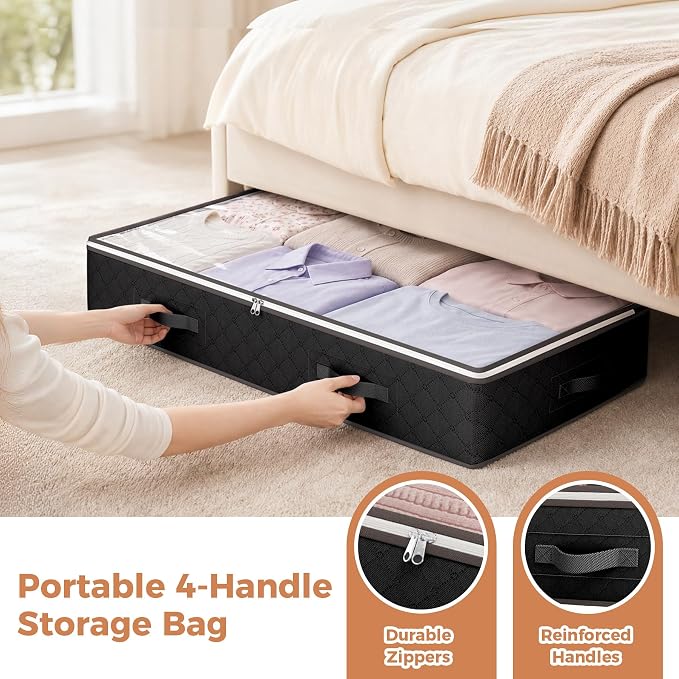 95L Under Bed Storage, 4 Pack Closet Organizers Black | Underbed Storage Bags - Image 5