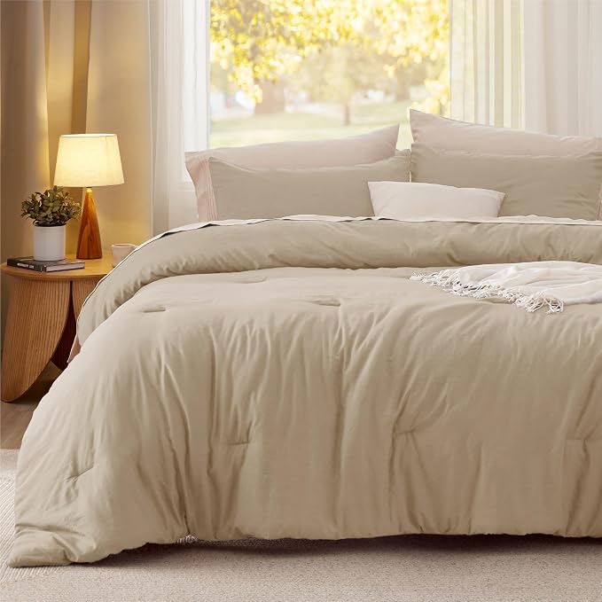 Bedsure Queen Comforter Set, Khaki Soft Prewashed Bedding - Image 2