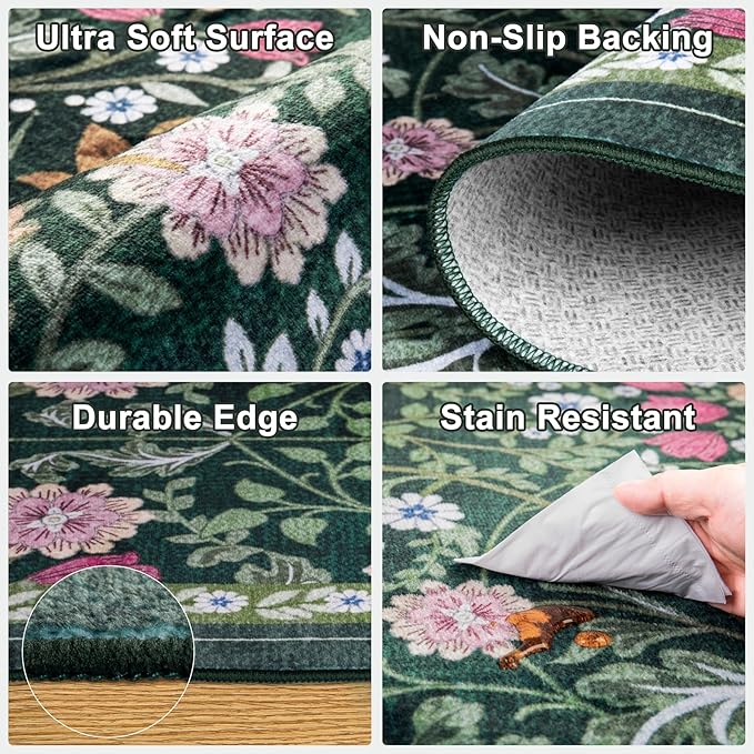 PLHXFR 6x9 Area Rug Living Room: Floral Washable Boho Carpet Dark Green | - Image 7