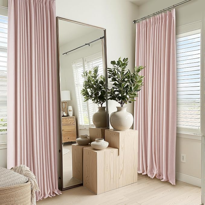 RYB HOME Pink Blackout Pinch Pleated Linen Curtains, 100% Blackout Thermal by RYBHOME