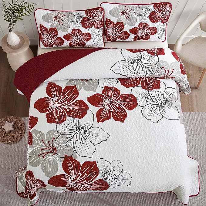 DJY Christmas Red Floral Quilt Set King 3 Pieces Floral Bedding Quilt Set Soft - Image 3