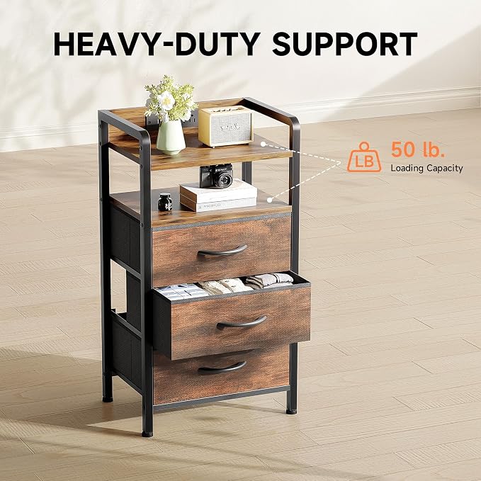 Lazzanto Nightstand with Rear Charging Station, LED Light, 3 Drawers, 2 USB-A - Image 7