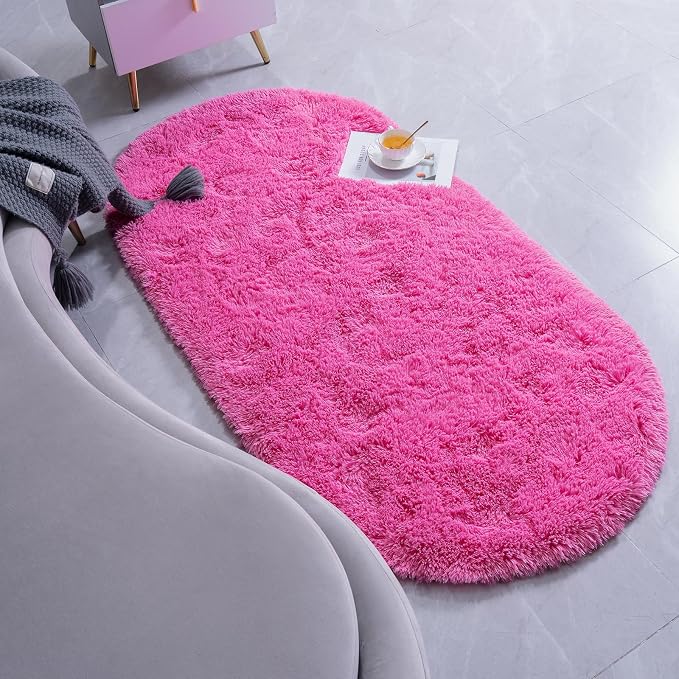 Goideal Fluffy Bedroom Rug, Small Oval Area Rugs, Hot Pink Shag Bedside Carpet - Image 3