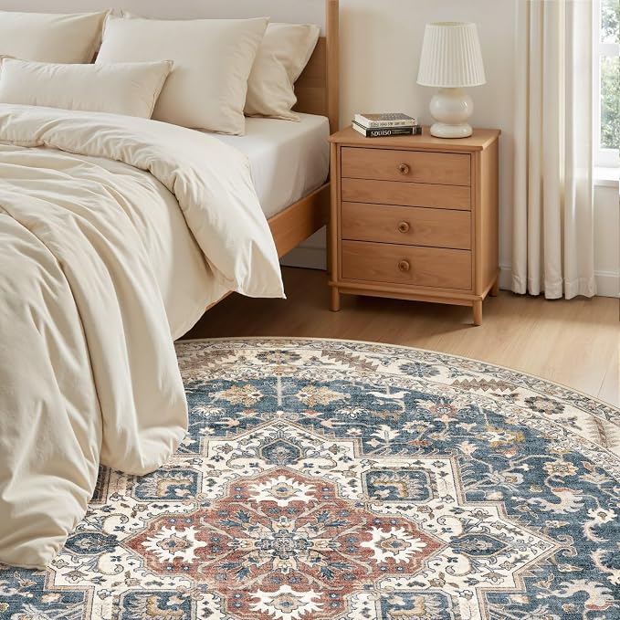 cotiled 6ft Round Living Room Area Rug, Traditional, Vintage Blue | Soft - Image 5