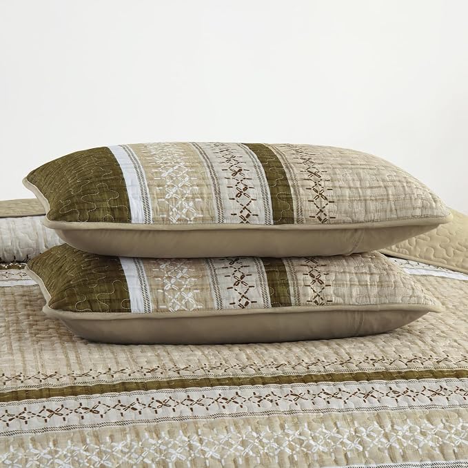 Cottolester Fall Quilt Set King, Soft Brown Striped Texture Bedspread 3 Pcs | - Image 8