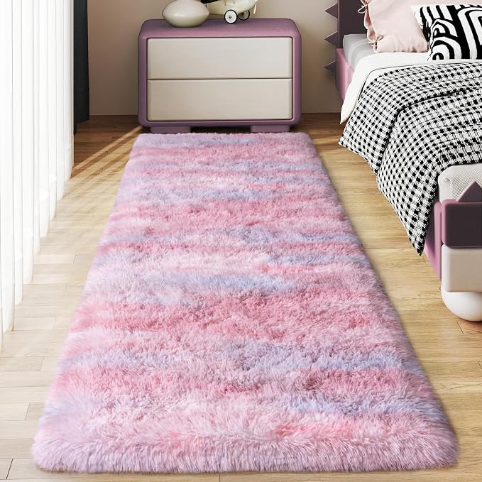 Soft Runner Rugs for Bedroom Hallways, 2x5 Abstract Pink Fluffy Shag Throw Area by Ailyei