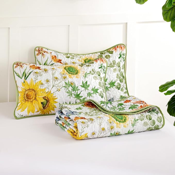 Yiran Floral King Quilt Bedding Set, Sage Green Sunflower Bedspreads | 3 Pieces - Image 9