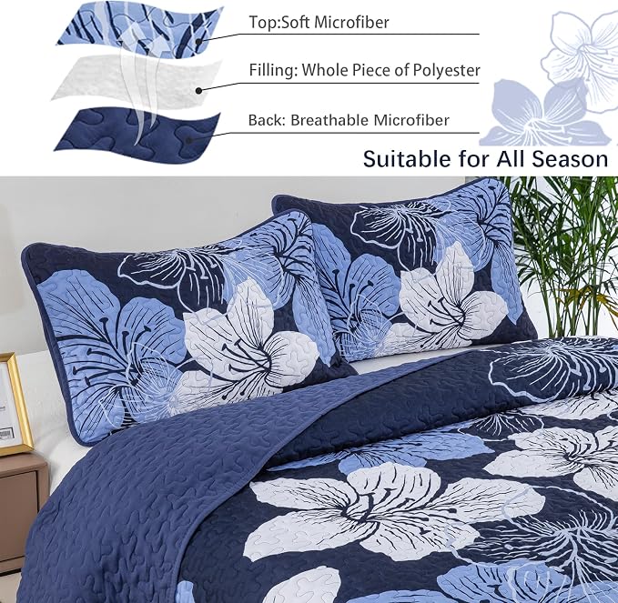 DJY 3 Pieces Quilt Set King Navy Blue Floral Pattern Quilt Coverlet Set - Image 4