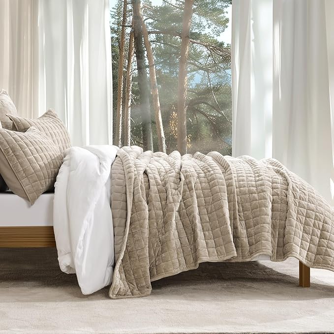 RECYCO Channel Box Stitch Velvet Quilt Set, King Size, Urban Taupe | Ultra Soft - Image 2