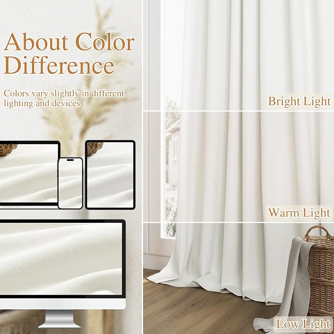 Ivory 100% Blackout Linen Curtains 105 Inch Length 2 Panels Set - Image 7
