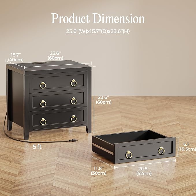 Huuger Paint Night Stand with Charger Station, 3 Drawer Nightstand Set of 2 | - Image 2