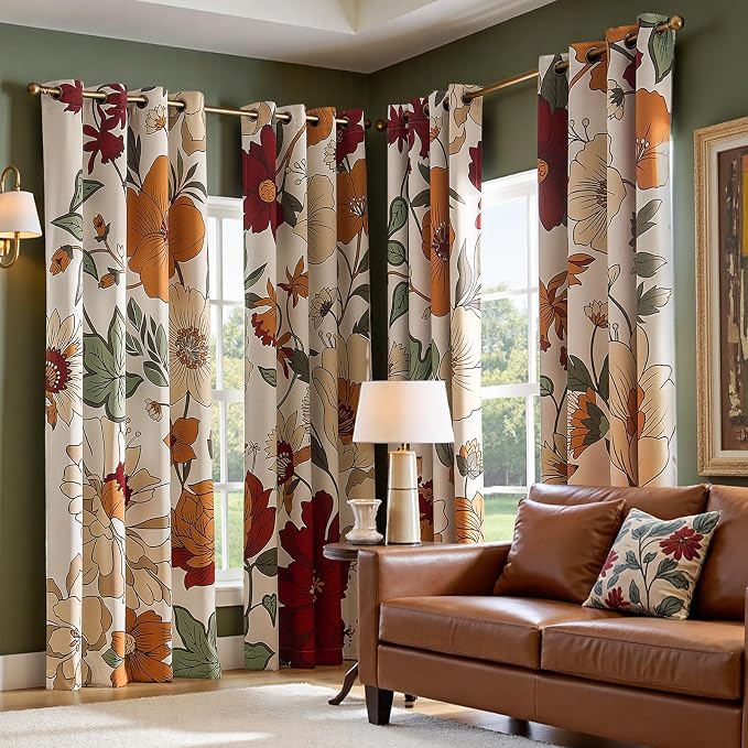 jinchan Beige Boho Floral Blackout Curtains 90 Inch Grommet 2 Panels | Room - Image 6
