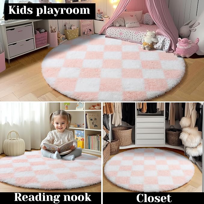 KICMOR Pink Round Rugs 5ft for Girls Bedroom, Fluffy Soft Checkered Circle Area - Image 7