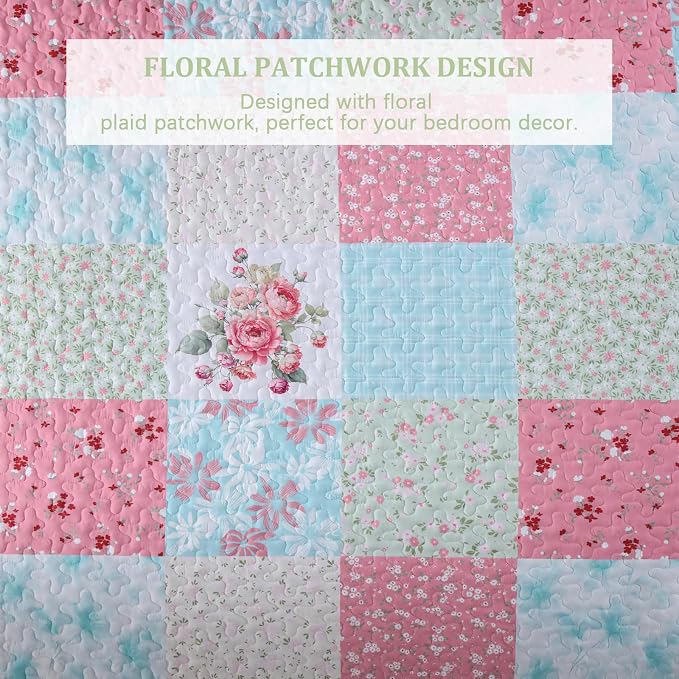 Mybedsoul Blue Pink Patchwork Queen Size Quilt, Soft Boho Floral Spring - Image 4