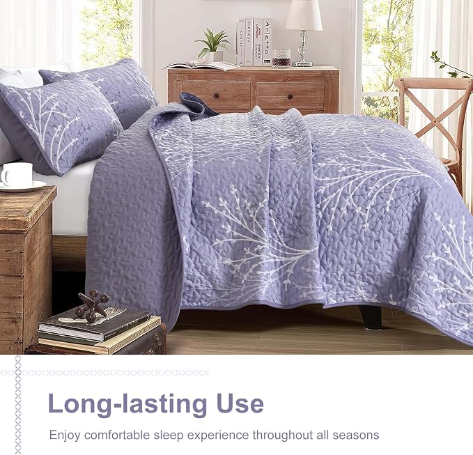 DJY Purple Quilt Set King Size Branch Botanical Bedspread Coverlet Set | 3 - Image 4