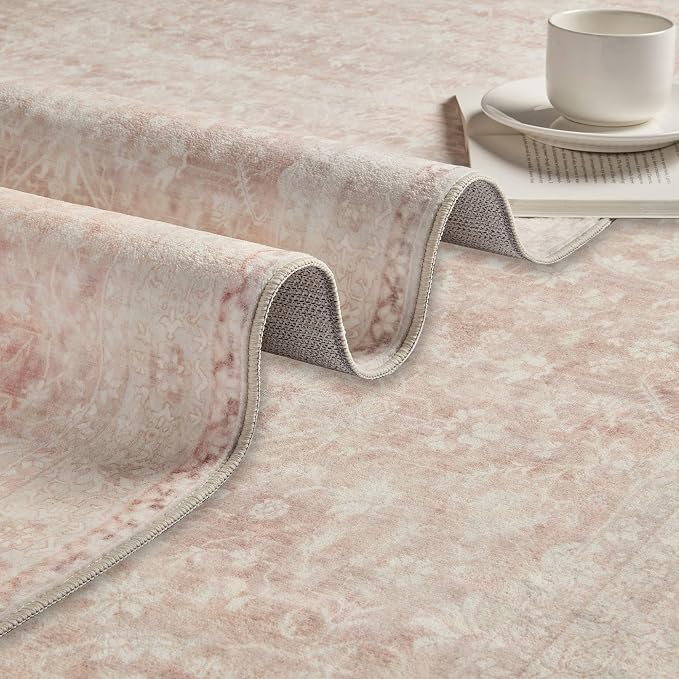 Latte&Fog Pink Rugs for Girls Bedroom, Vintage Washable 4x6 Area Rug | for - Image 8