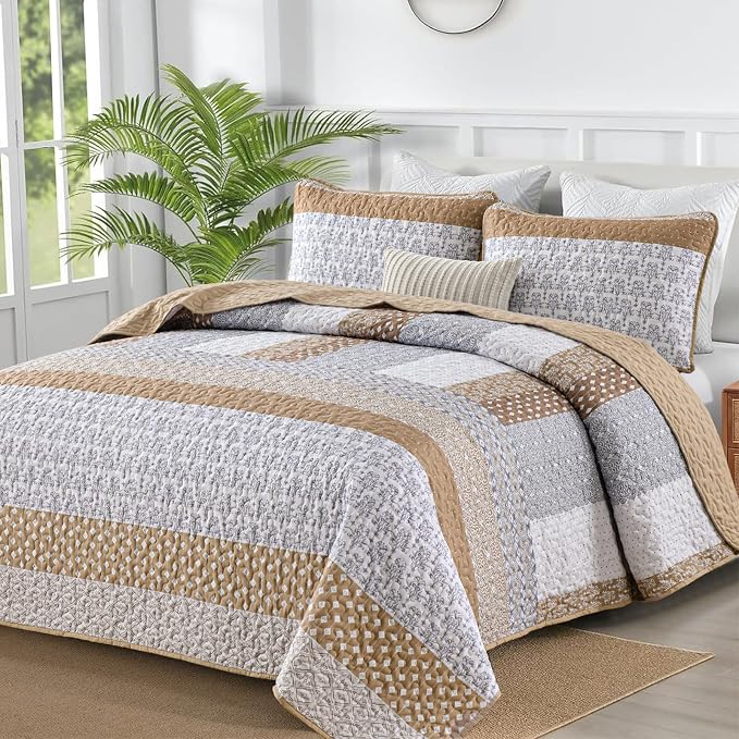 WONGS BEDDING Brown Queen Quilt Bedding Set, Bohemian Stripe Bedspread | by WONGSBEDDING
