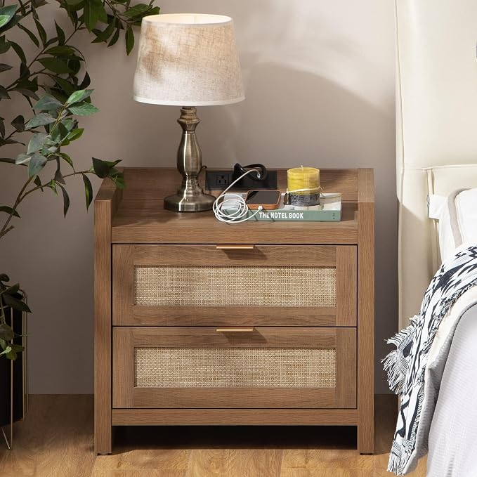 SICOTAS Night Stand with 2 Large Drawers : Rattan Bedside Table | Farmhouse by SICOTAS