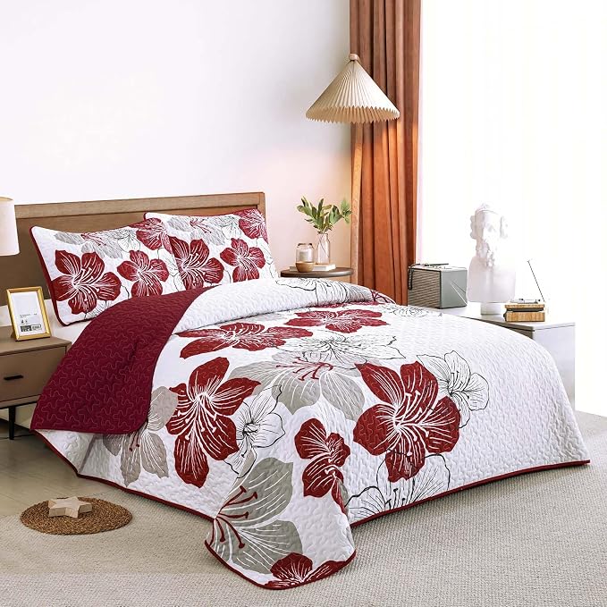 DJY Christmas Red Floral Quilt Set King 3 Pieces Floral Bedding Quilt Set Soft - Image 2