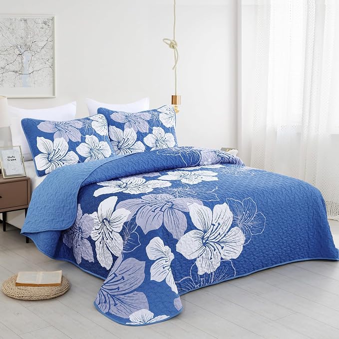 DJY Blue Quilt Set Queen 3 Pieces Botanical Floral Quilt Summer Bedding Set - Image 2